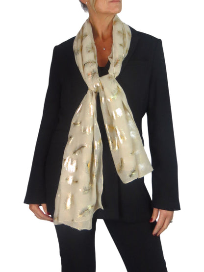 Gold Feather Print Soft Voile Scarf Beige