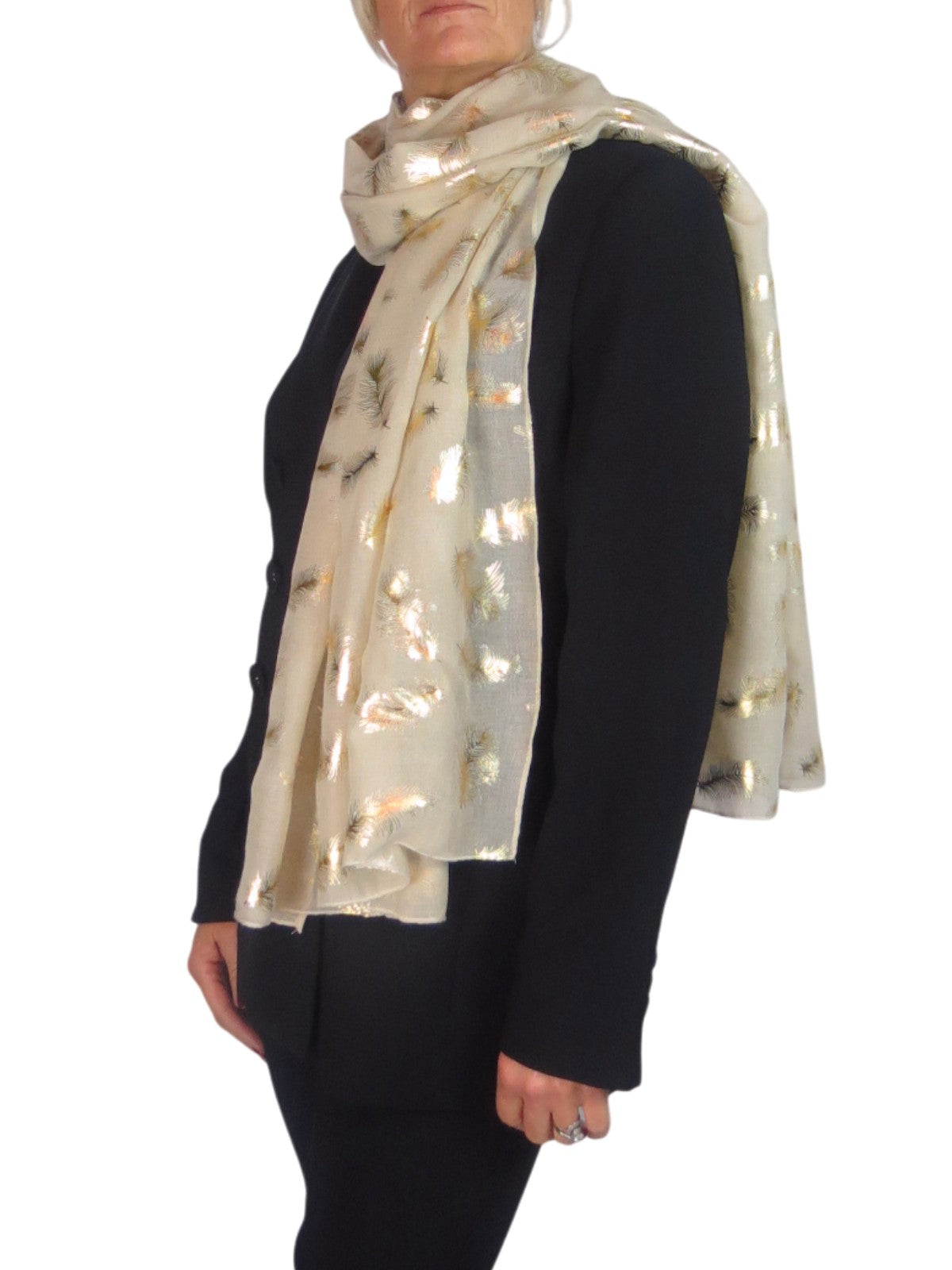 Gold Feather Print Soft Voile Scarf Beige