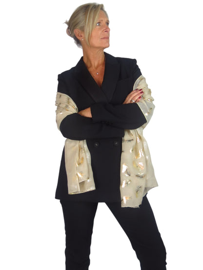 Gold Feather Print Soft Voile Scarf Beige