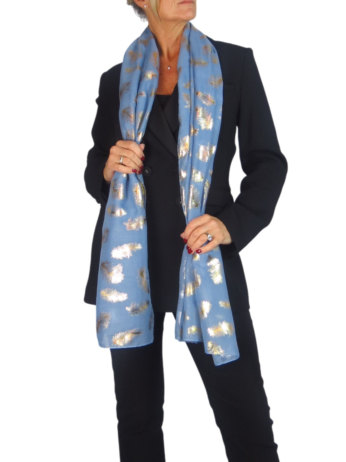 Gold Feather Print Soft Voile Scarf Midnight Blue
