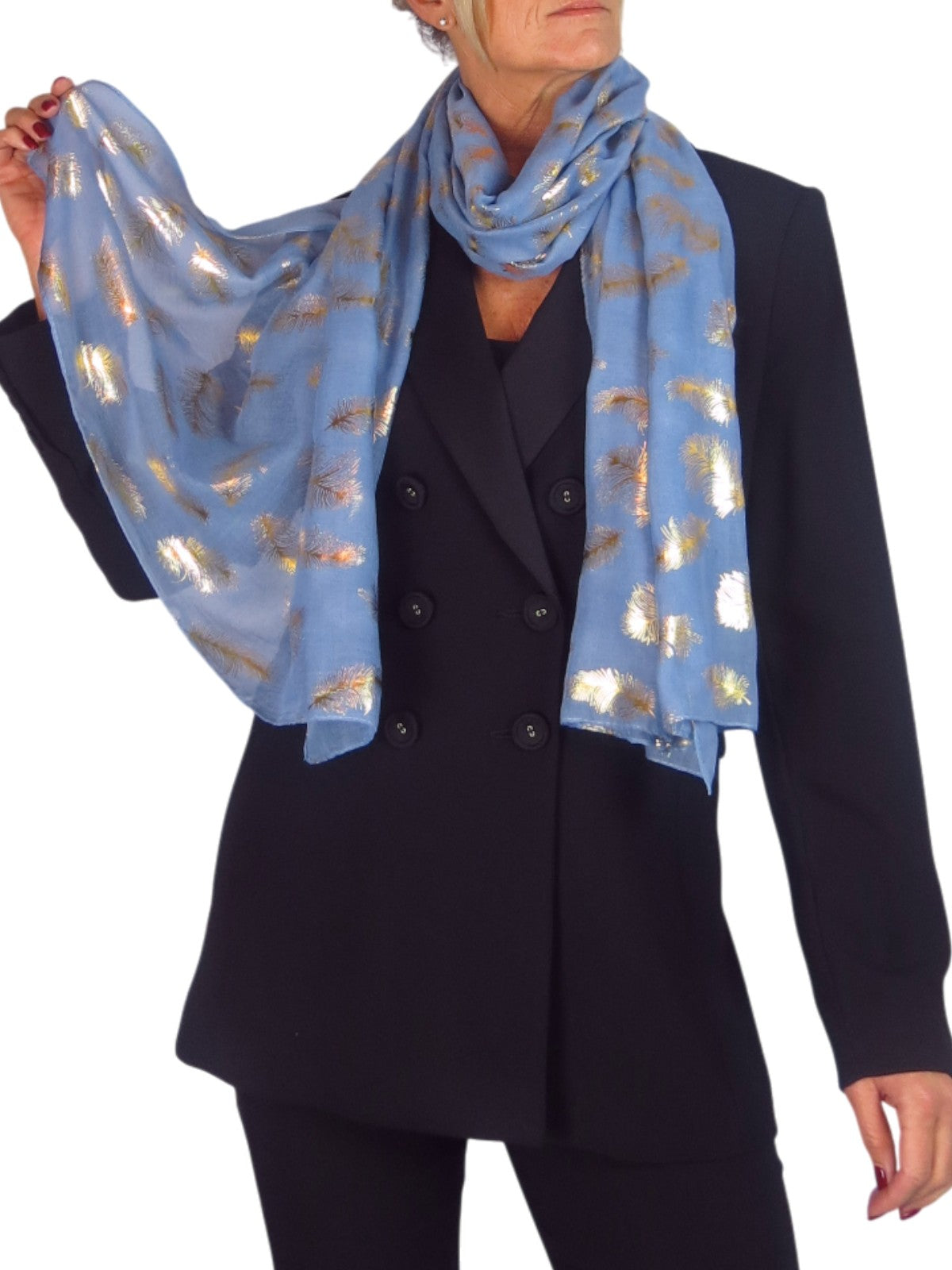 Gold Feather Print Soft Voile Scarf Midnight Blue