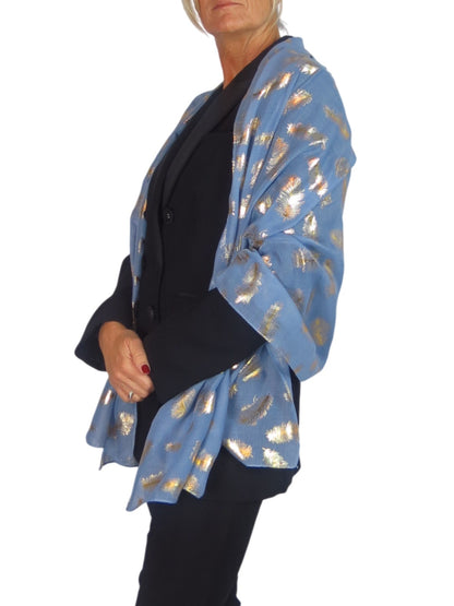 Gold Feather Print Soft Voile Scarf Midnight Blue
