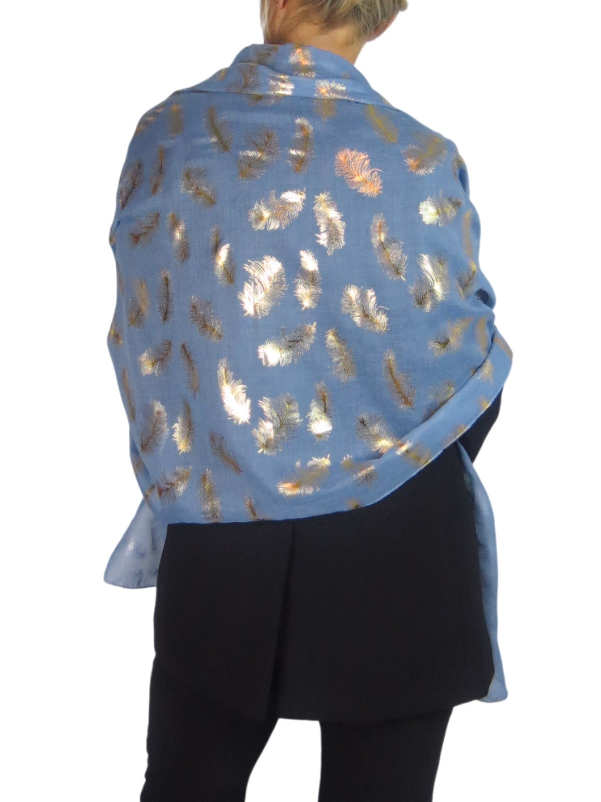 Gold Feather Print Soft Voile Scarf Midnight Blue