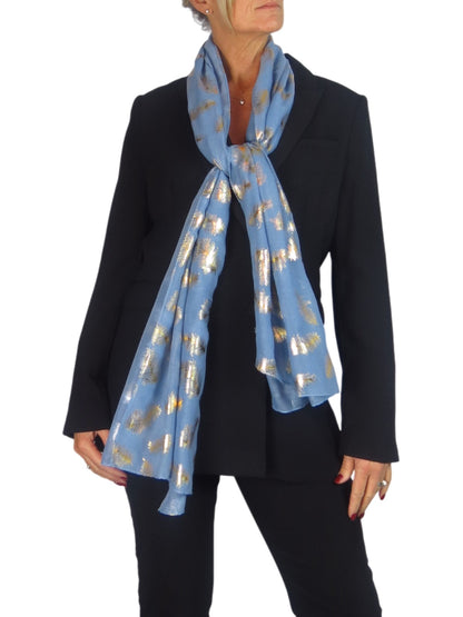 Gold Feather Print Soft Voile Scarf Midnight Blue