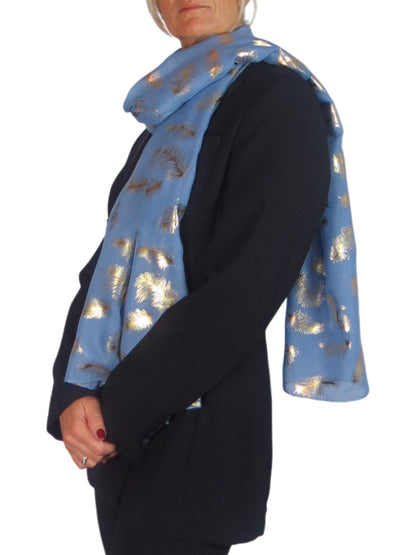 Gold Feather Print Soft Voile Scarf Midnight Blue