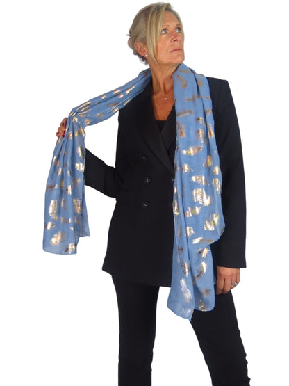 Gold Feather Print Soft Voile Scarf Midnight Blue