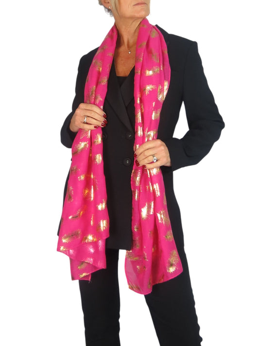 Gold Feather Print Soft Voile Scarf Fuchsia Pink