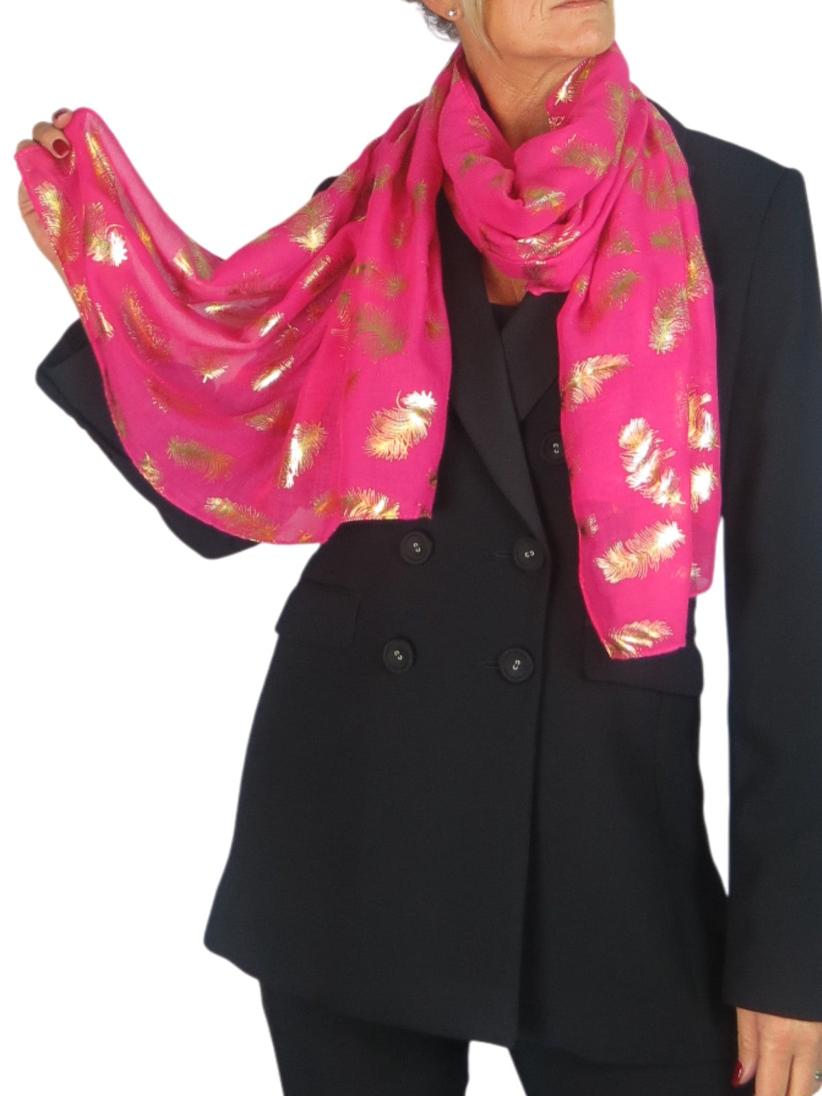 Gold Feather Print Soft Voile Scarf Fuchsia Pink