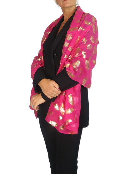 Gold Feather Print Soft Voile Scarf Fuchsia Pink