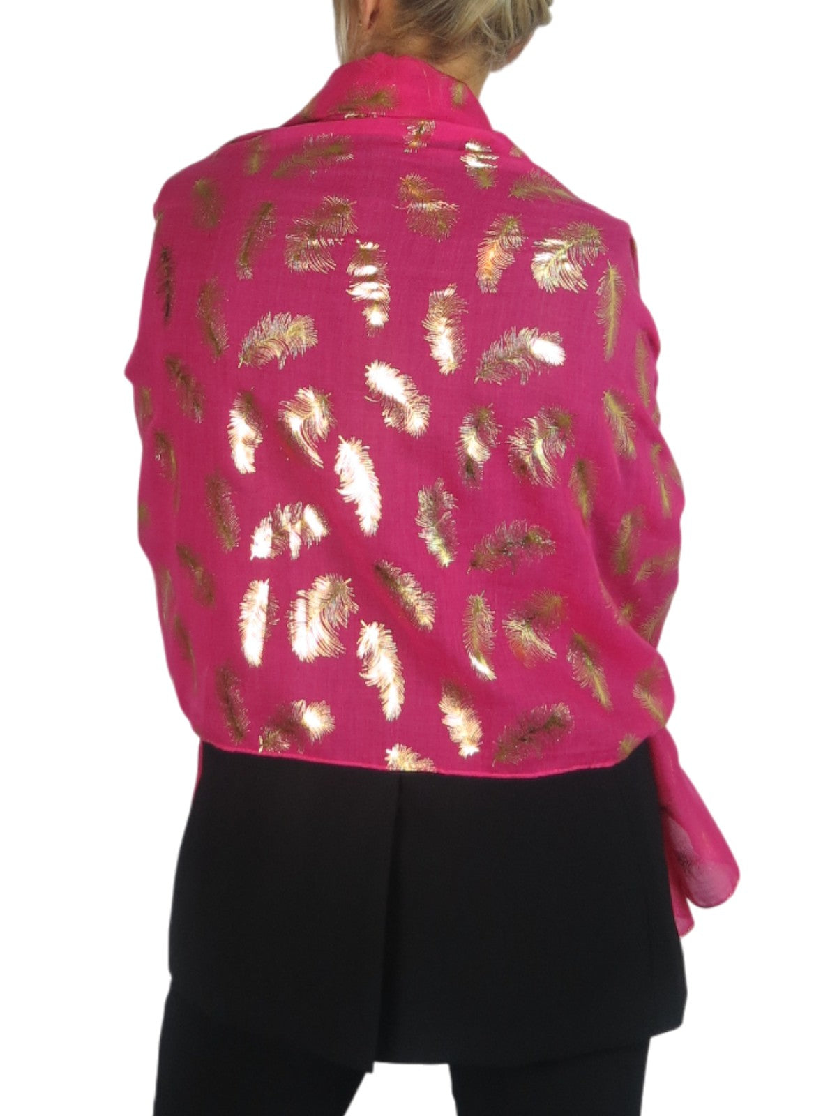 Gold Feather Print Soft Voile Scarf Fuchsia Pink