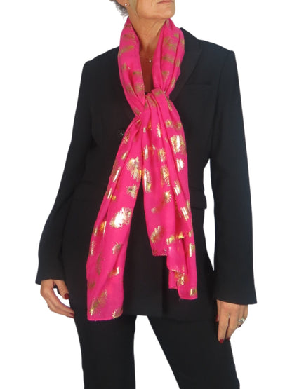 Gold Feather Print Soft Voile Scarf Fuchsia Pink
