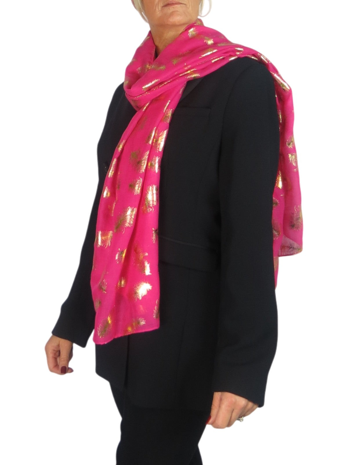 Gold Feather Print Soft Voile Scarf Fuchsia Pink