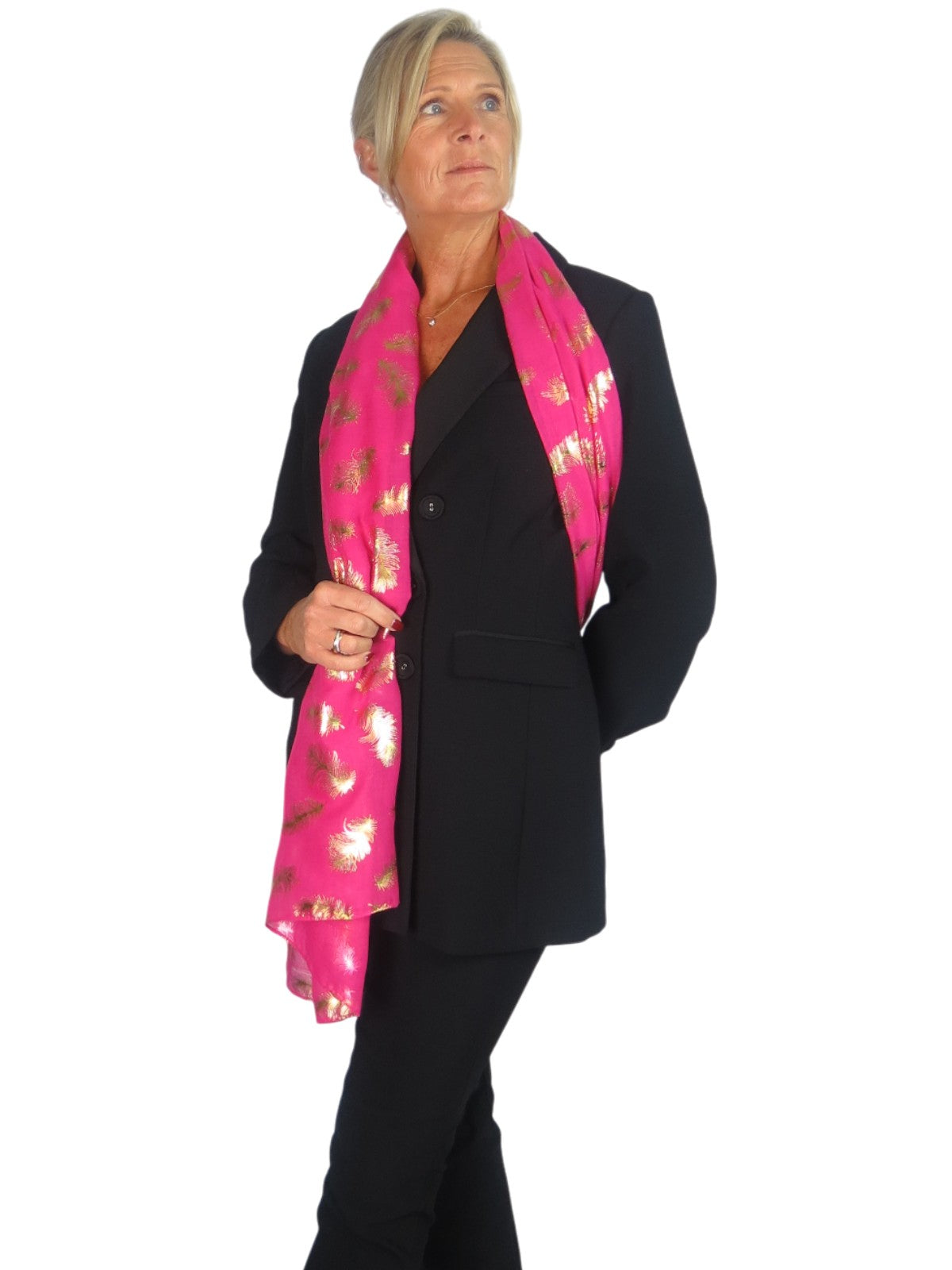 Gold Feather Print Soft Voile Scarf Fuchsia Pink