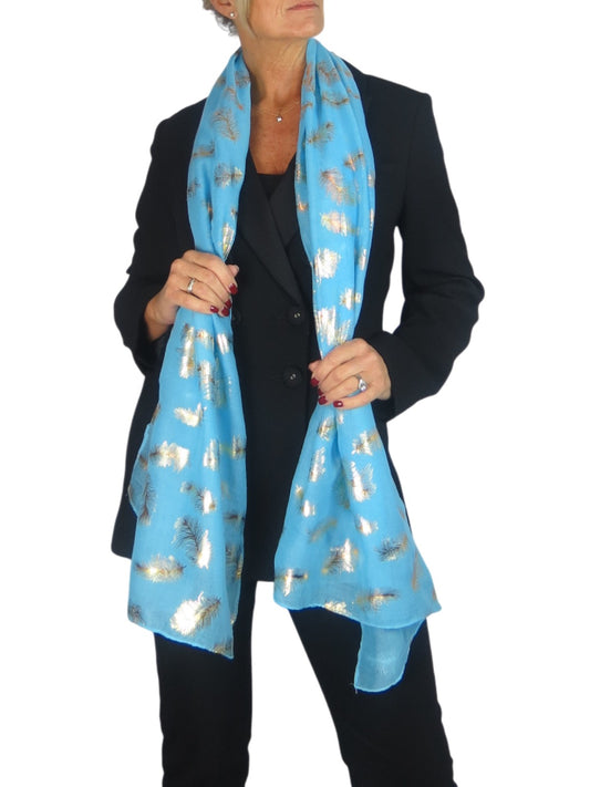 Gold Feather Print Soft Voile Scarf Turquoise Blue