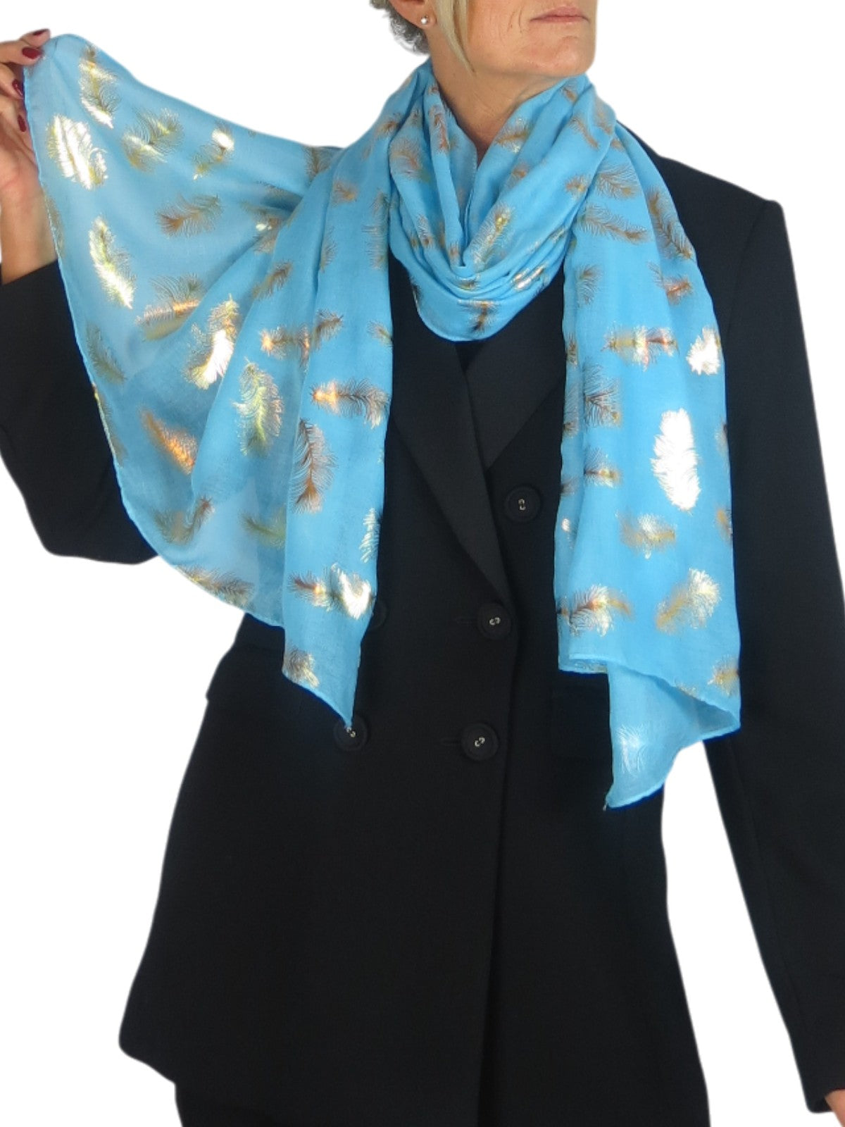 Gold Feather Print Soft Voile Scarf Turquoise Blue