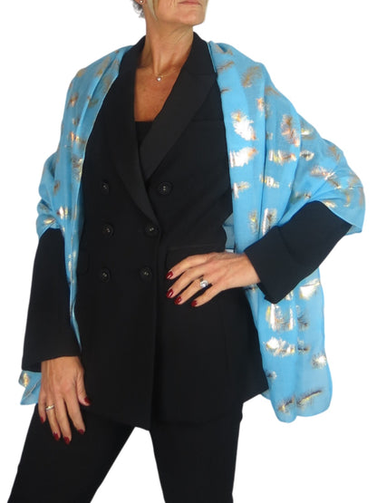 Gold Feather Print Soft Voile Scarf Turquoise Blue