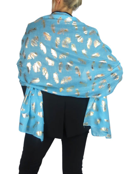 Gold Feather Print Soft Voile Scarf Turquoise Blue