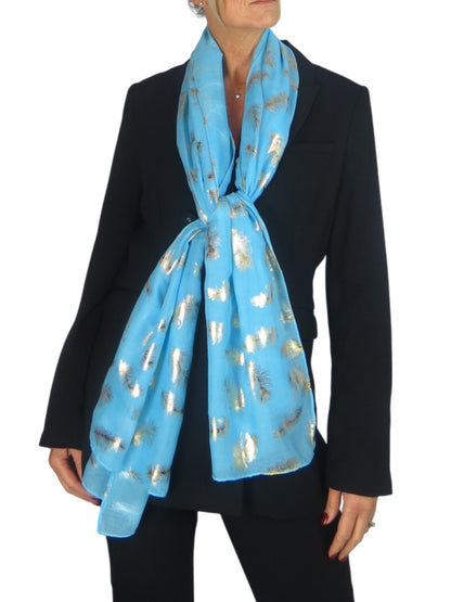 Gold Feather Print Soft Voile Scarf Turquoise Blue