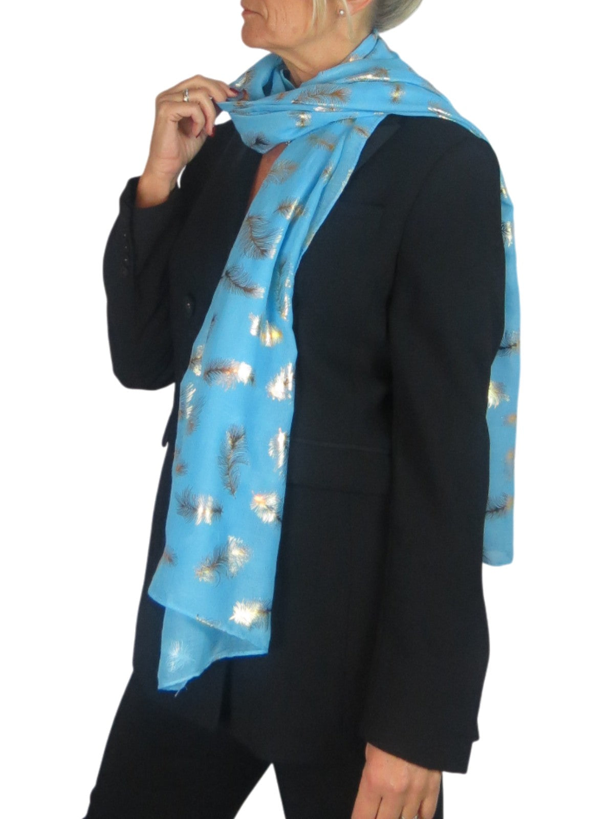 Gold Feather Print Soft Voile Scarf Turquoise Blue