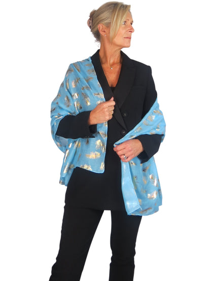 Gold Feather Print Soft Voile Scarf Turquoise Blue