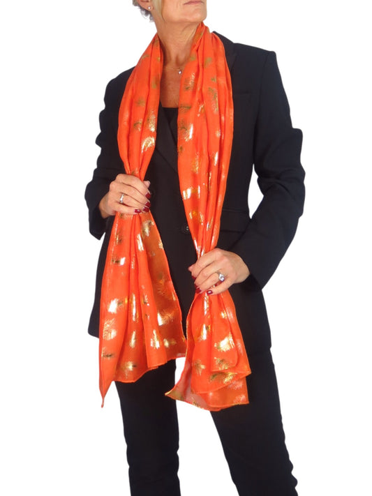 Gold Feather Print Soft Voile Scarf Orange