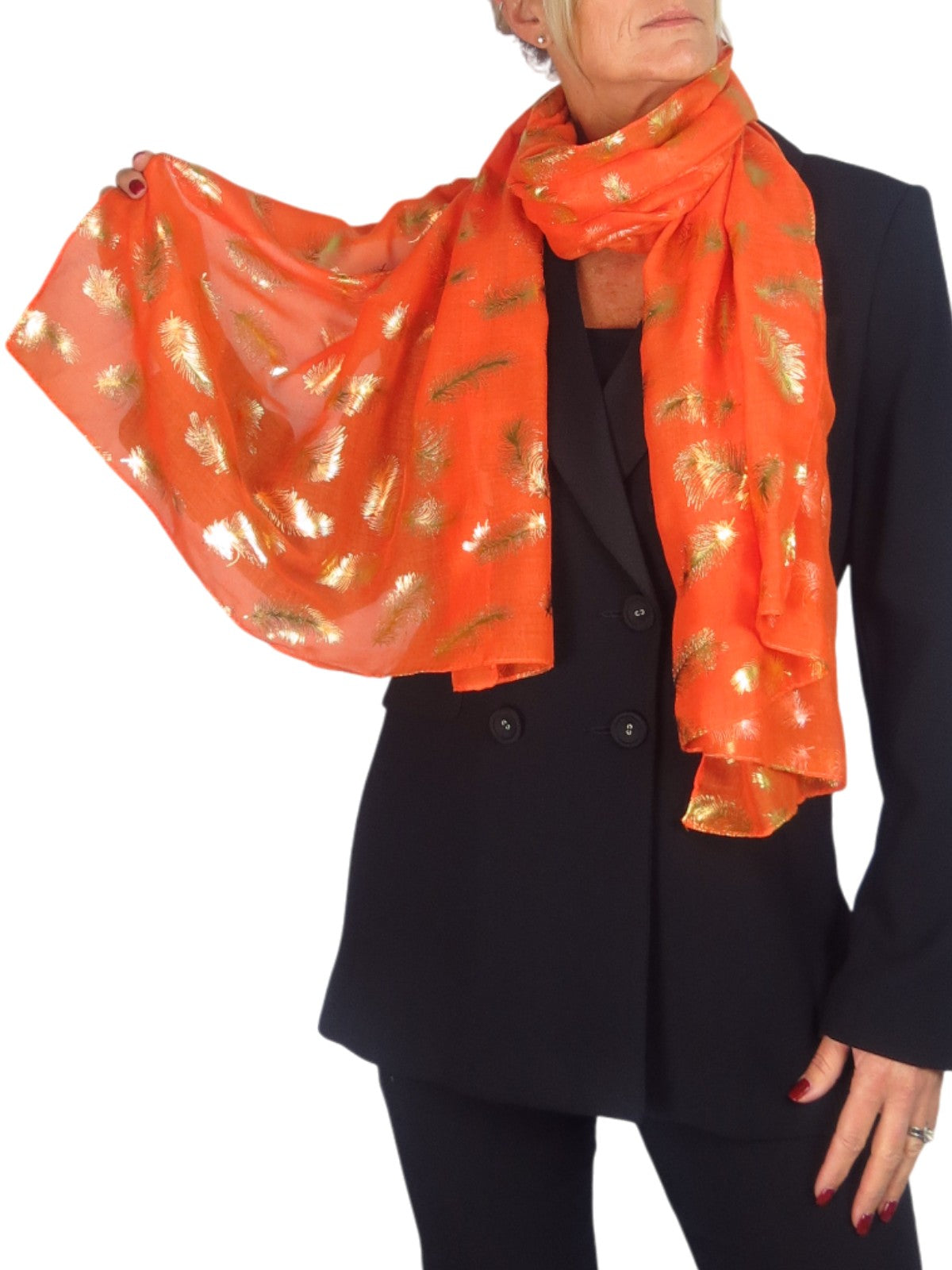 Gold Feather Print Soft Voile Scarf Orange