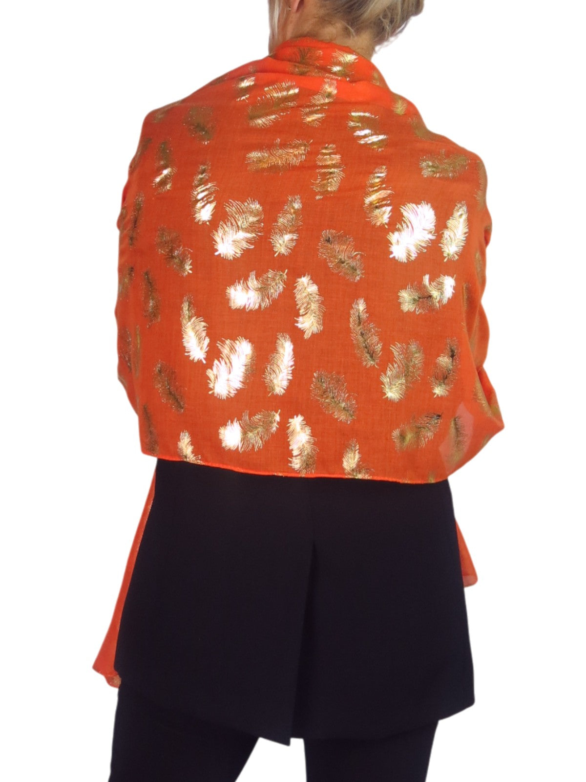 Gold Feather Print Soft Voile Scarf Orange