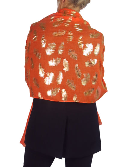 Gold Feather Print Soft Voile Scarf Orange