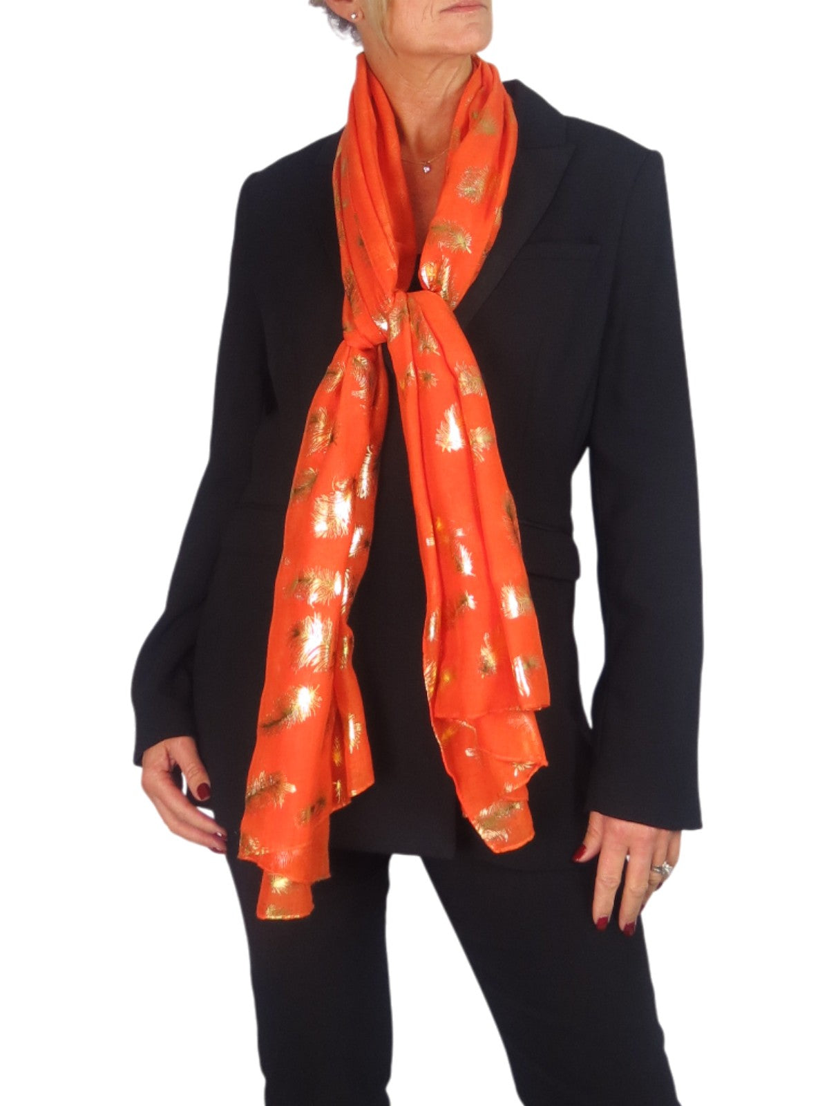 Gold Feather Print Soft Voile Scarf Orange