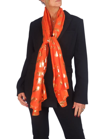 Gold Feather Print Soft Voile Scarf Orange