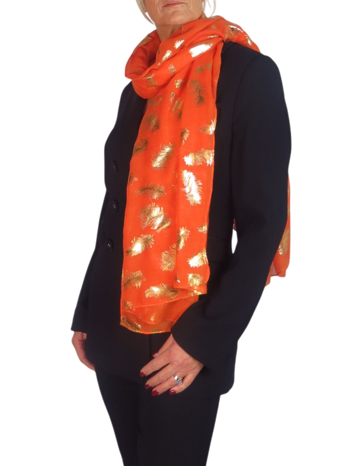 Gold Feather Print Soft Voile Scarf Orange