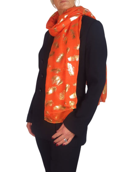 Gold Feather Print Soft Voile Scarf Orange