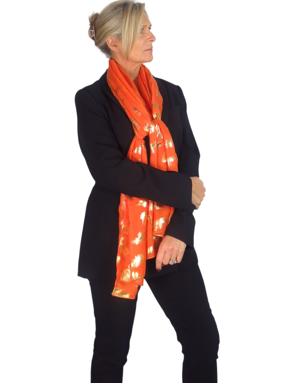 Gold Feather Print Soft Voile Scarf Orange