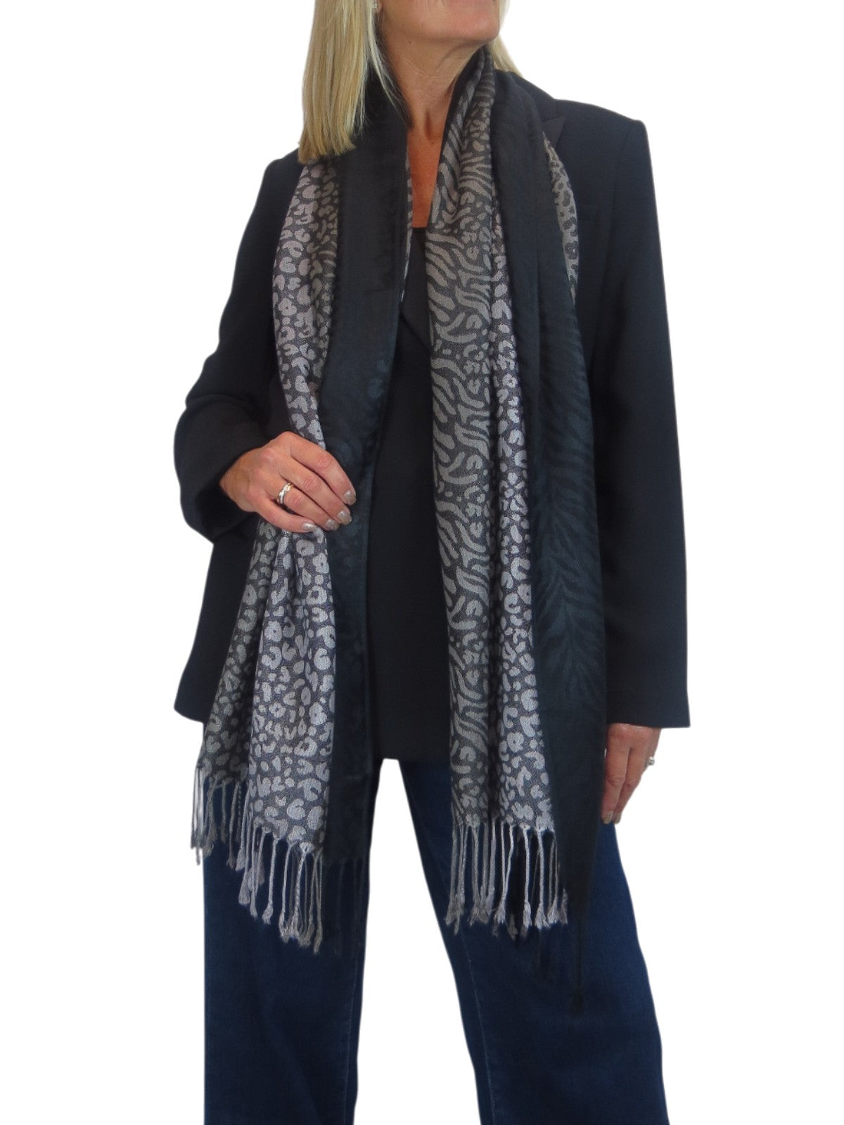 Block Stripe Animal Print Scarf Black