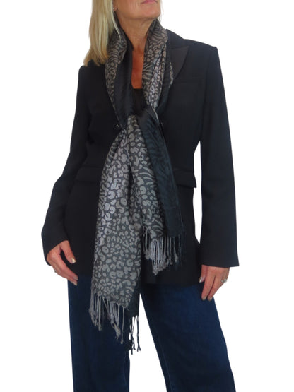 Block Stripe Animal Print Scarf Black