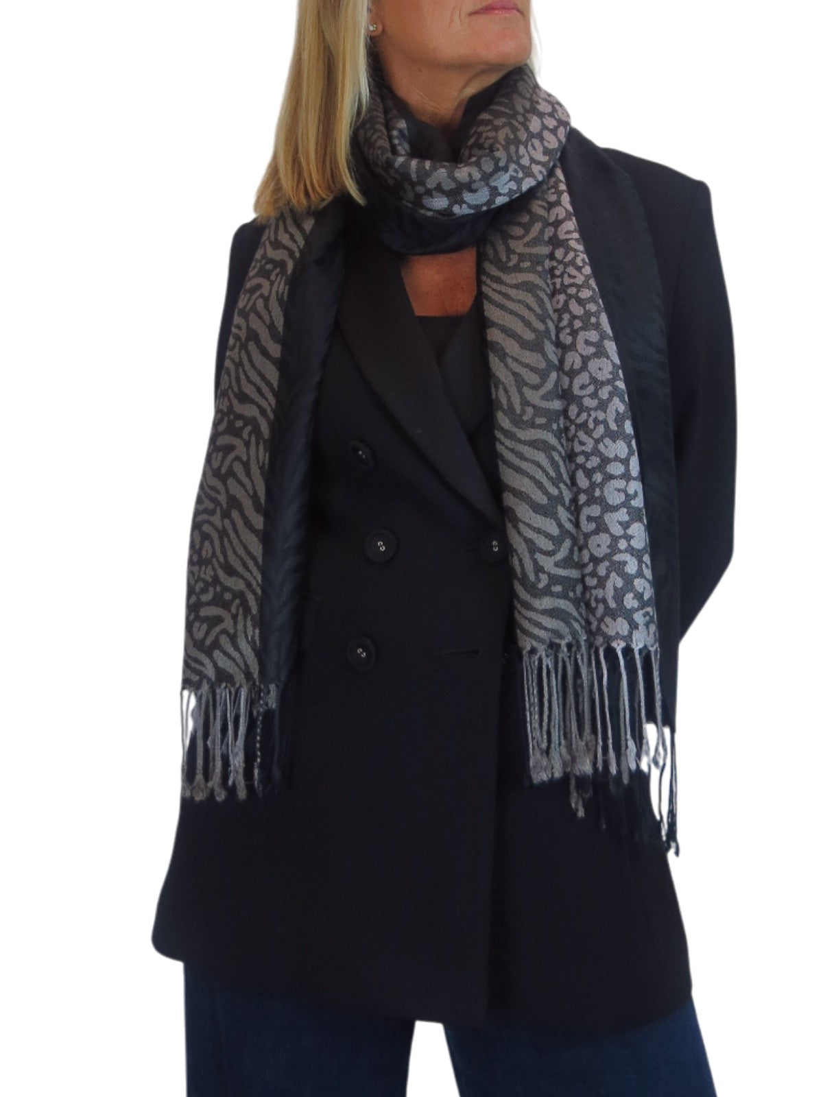 Block Stripe Animal Print Scarf Black