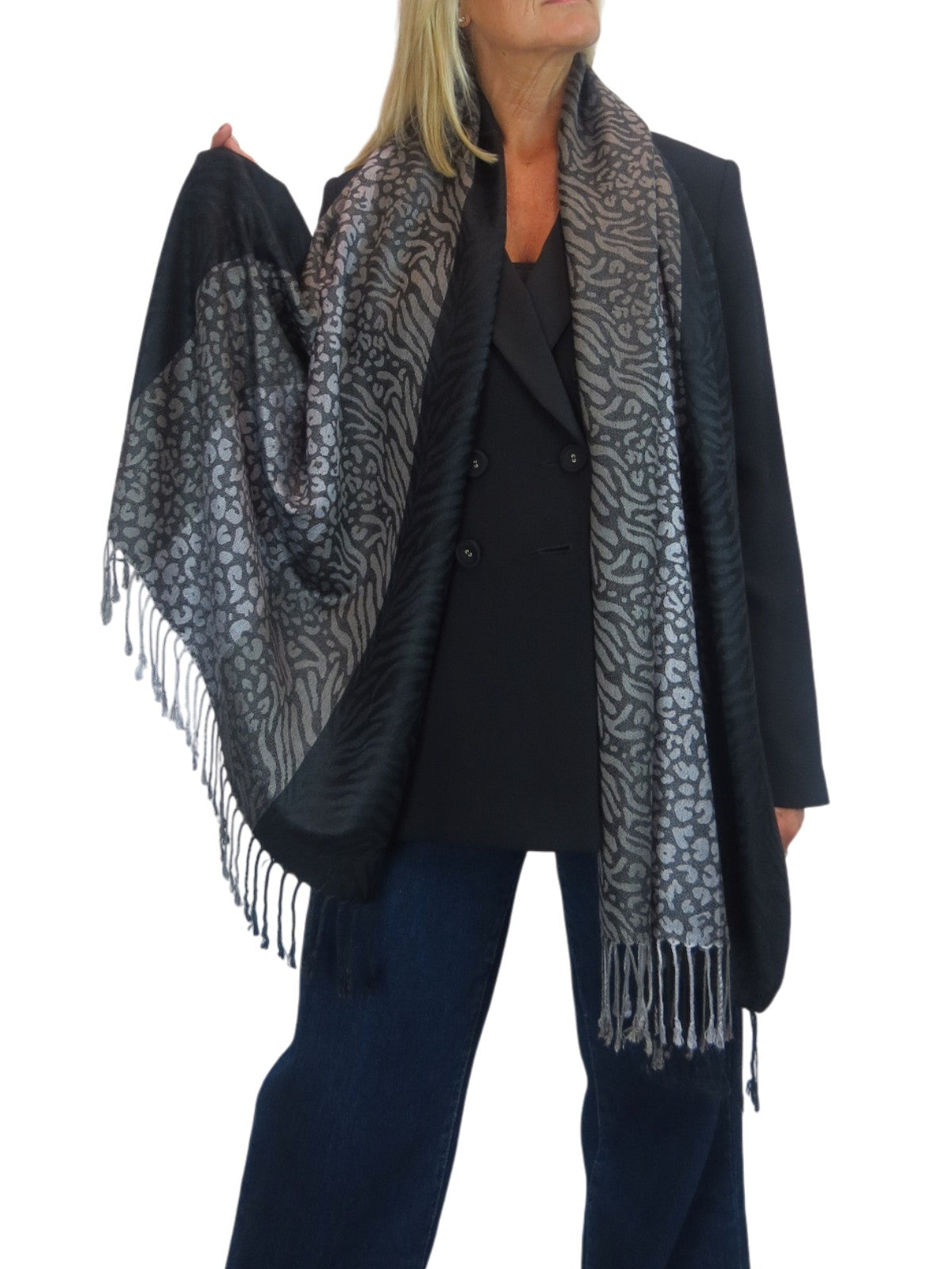 Block Stripe Animal Print Scarf Black