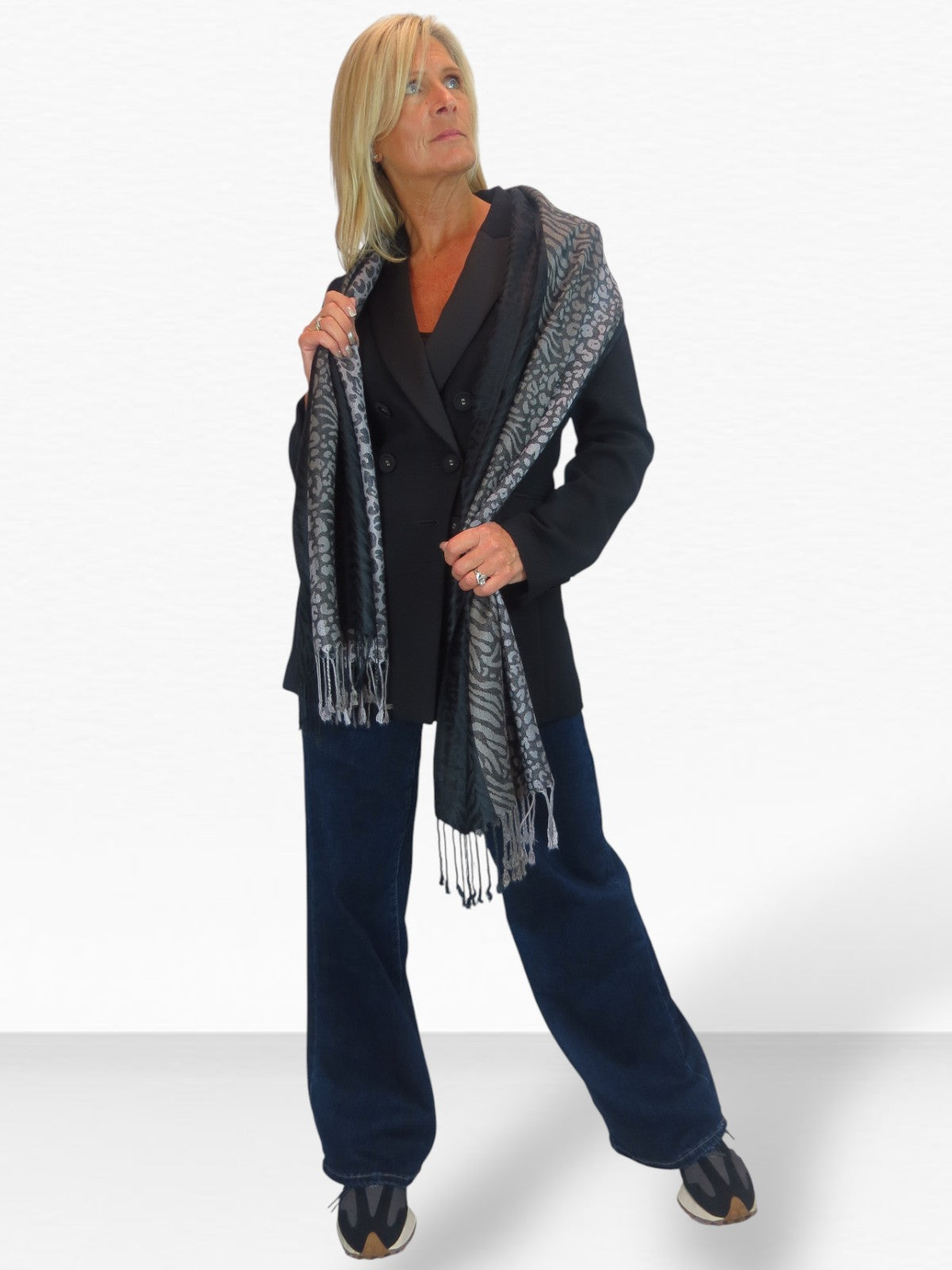 Block Stripe Animal Print Scarf Black