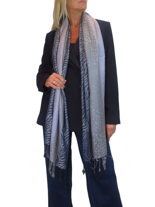 Block Stripe Animal Print Scarf Blue Mix