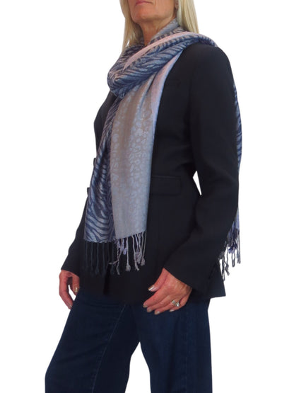 Block Stripe Animal Print Scarf Blue Mix