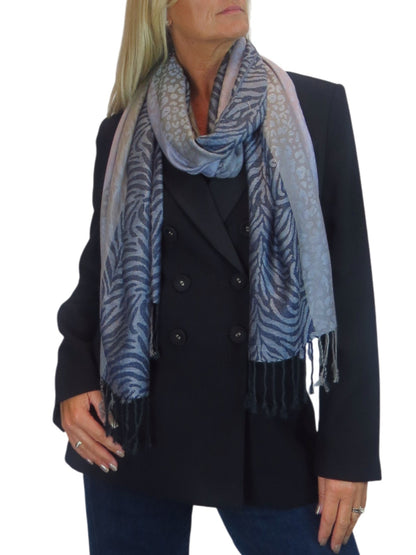 Block Stripe Animal Print Scarf Blue Mix
