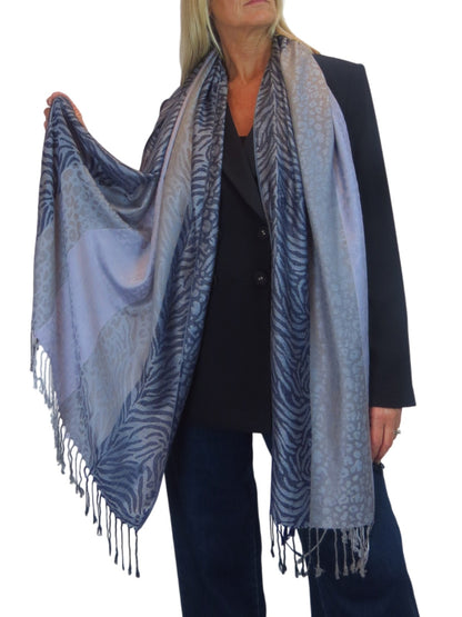 Block Stripe Animal Print Scarf Blue Mix