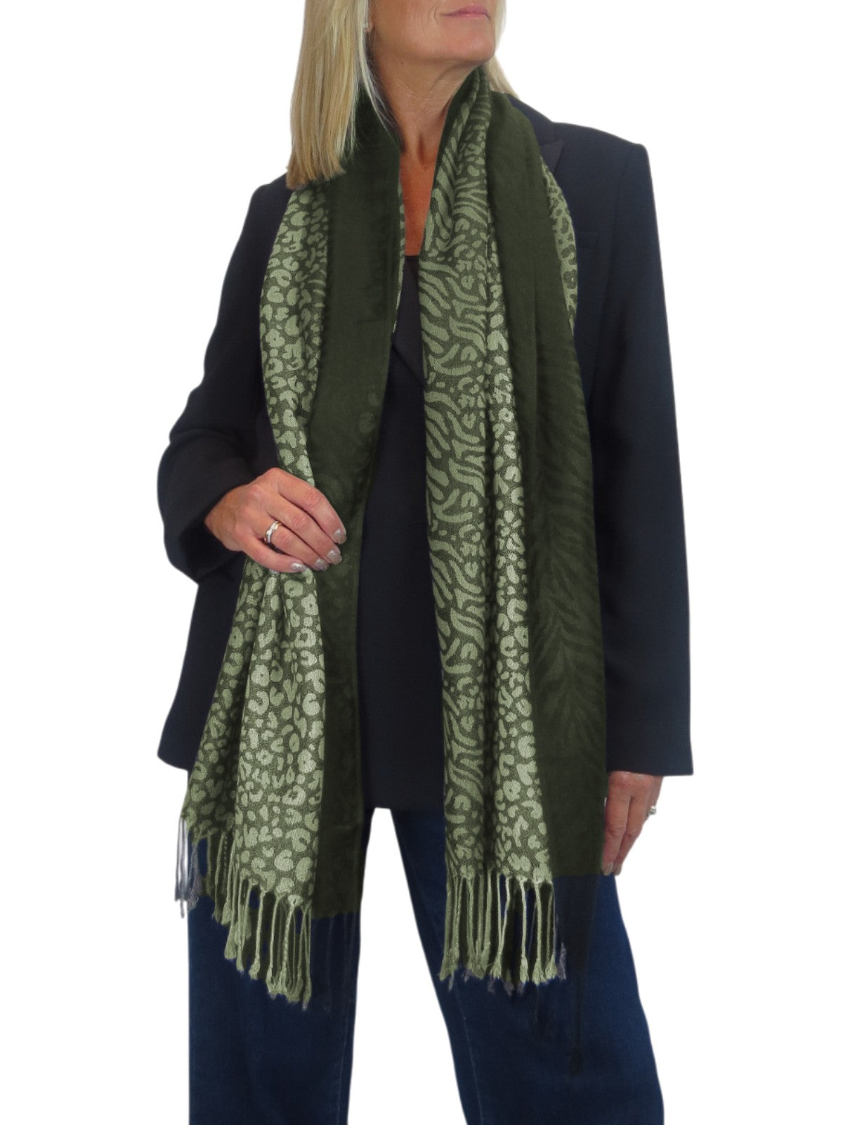Block Stripe Animal Print Scarf Olive Green