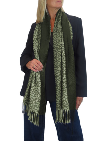 Block Stripe Animal Print Scarf Olive Green