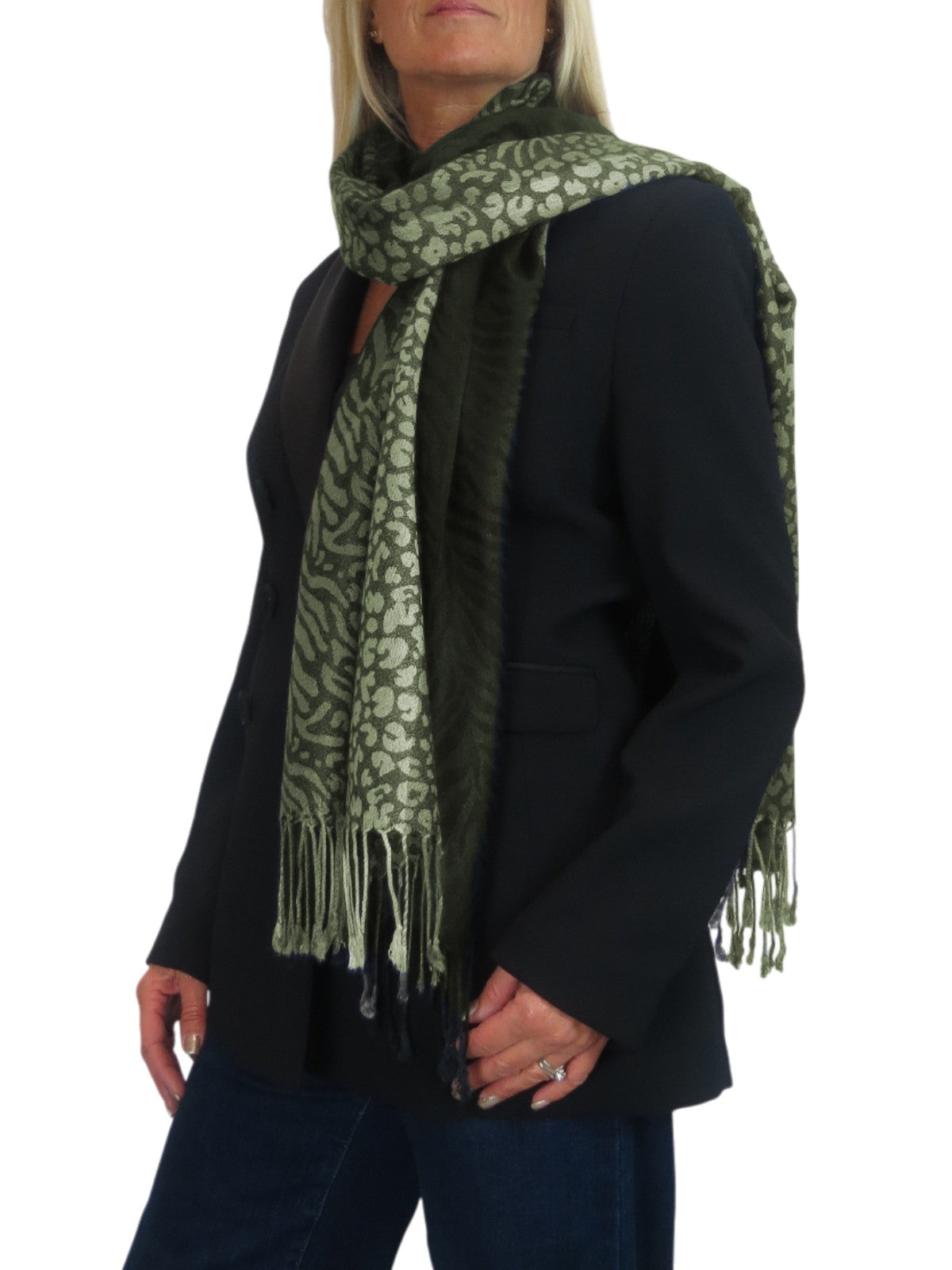Block Stripe Animal Print Scarf Olive Green