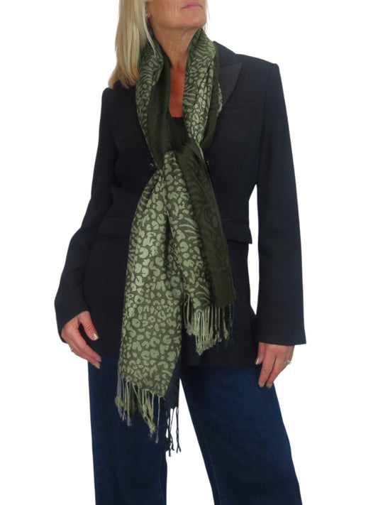 Block Stripe Animal Print Scarf Olive Green