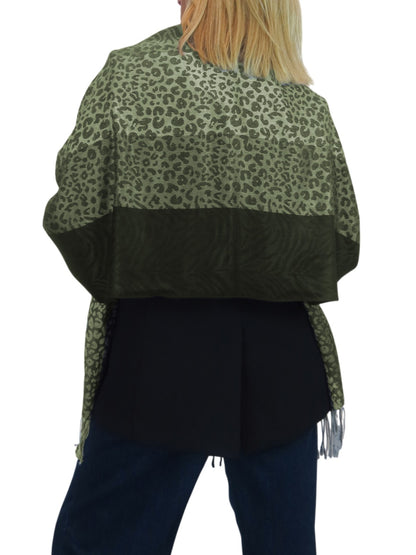 Block Stripe Animal Print Scarf Olive Green