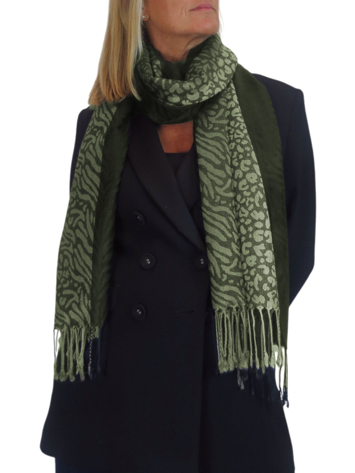 Block Stripe Animal Print Scarf Olive Green