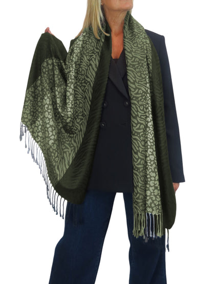 Block Stripe Animal Print Scarf Olive Green