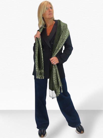 Block Stripe Animal Print Scarf Olive Green